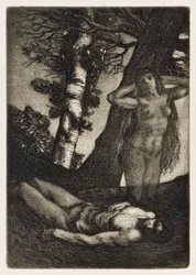 La creación de Eva de El paraíso perdido por John Milton, serie de 12 ilustraciones grabadas por William Strang
